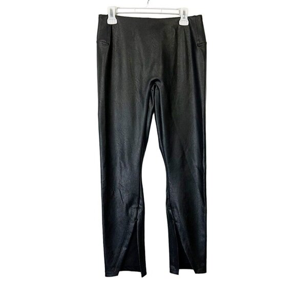 Spanx Faux Leather Front Slit Leggings Womens Size Large Black High Rise Pull On - Picture 1 of 10